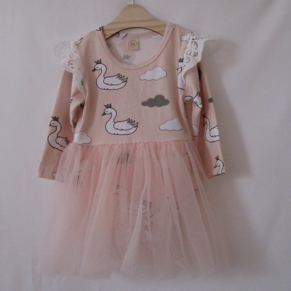 SHEIN Girls Pink Leotard Mesh Tutu White Geese Gray Clouds Print Size 90…